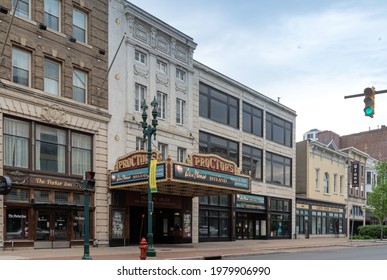 Schenectady, NY - USA - May 22, 2021: Proctor's Theatre is a former vaudeville house, designed by architect Thomas Lamb. The facade is faced in stucco, Doric pilasters, garlands and paterae.