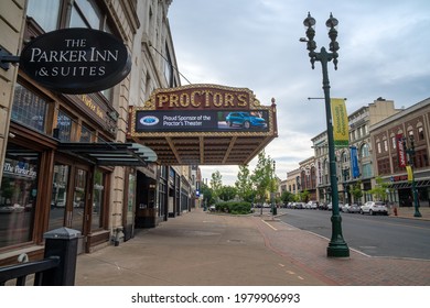 Schenectady, NY - USA - May 22, 2021: Proctor's Theatre is a former vaudeville house, designed by architect Thomas Lamb. The facade is faced in stucco, Doric pilasters, garlands and paterae.