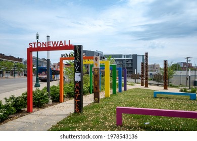 Schenectady, NY - USA - May 23, 2021: Landscape View Of The Rainbow Pride Art Project At Gateway-Liberty Plaza. Honoring The Stonewall Uprising And Other Civil Rights Victories.