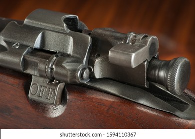 Schererville, Indiana/United States 1-25-2016. Springfield M1903 American Battle Rifle Rear Receiver And Magazine Cutoff Selector Detail