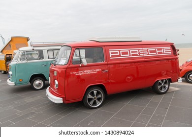 Scheveningen, The Hague, the Netherlands - May 26 2019: 1960s  VW combi with porsche logo on the side parked at Scheveningen beach during aircooled classic vw motor show