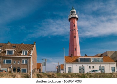 Scheveningen in Netherlands, Sunny spring day at the beach boulevard lighthouse of Scheveningen