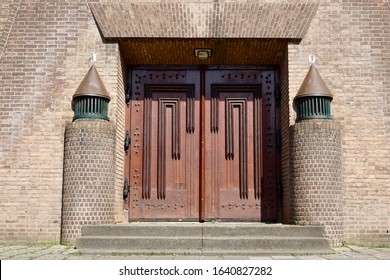 Schiedam, The Netherlands - April 18 2018: The main entrance of the Sacred Heart Church or Gorzenkerk in the city of Schiedam
