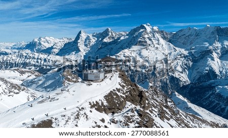 Schilthorn during Winter with the iconic Eiger, Mönch and Jungfrau mountain trio, James Bond on her Majesty's secret service filming location, Bern Oberland, Switzerland