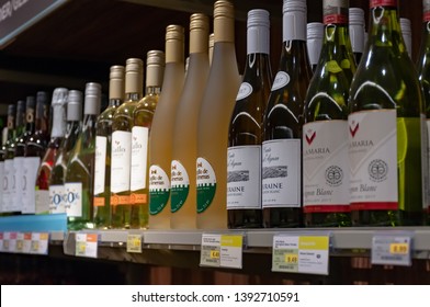 Schinveld / Netherlands - April 16, 2019: Row Of Wines On Shelf With Shelf Talkers In PLUS Chain Grocery Store In Schinveld, Netherlands.