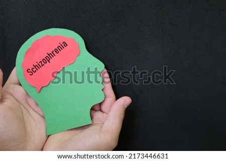 Schizophrenia patient care, recovery, therapy and treatment concept. Hand holding human head profile with word schizophrenia on brain.	