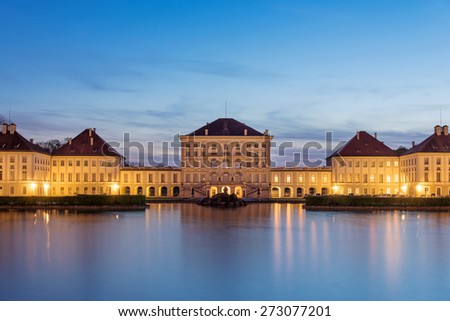 Schloss Nymphenburg, a Baroque palace in Munich, Bavaria at sunset. The palace was the main summer residence of the rulers of Bavaria. 