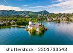 Schloss Ort (or Schloss Orth) is an Austrian castle situated in the Traunsee lake, in Gmunden. Aerial drone view.
