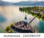 Schloss Ort (or Schloss Orth) is an Austrian castle situated in the Traunsee lake, in Gmunden. Aerial drone view.