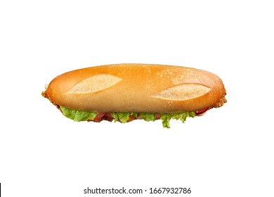  Schnitzel Baguette Sandwich With Lettuce Tomato And Cheese Top View
                              