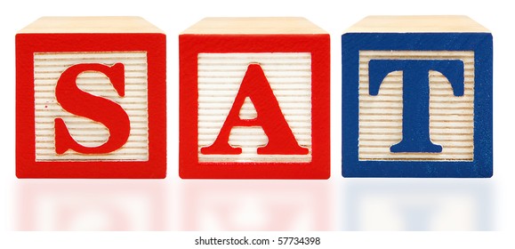 	Scholastic Assessment Test SAT Alphabet Blocks Over White Background.