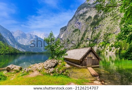 Schonau am Konigsee, Germany. Obersee lake in Berchtesgadener National Park. Watzmann mountain in the background.