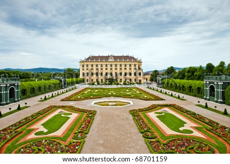Schonbrunn Palace in Vienna, Austria.  It's former imperial summer residence located in Vienna, Austria. Baroque palace is one of the most important architectural, historical monuments in the country