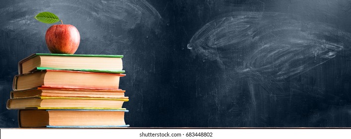 School Accessories, Books And Fresh Apple Against Chalkboard