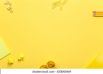 School Accessories On Yellow Background. Minimal Style. Flat Lay. Copy Space. Top View