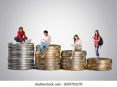 School admission budget.  Student, walking above golden coin money stack.