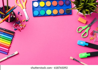 School Or Art Supplies On Pink Background