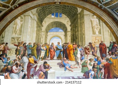 School of Athens, Renaissance painting by Raphael in Stanze di Raffaello, Vatican Museum, Italy. Aristotle and Plato among other philosophers in center of famous wall fresco. Rome - May 14, 2014