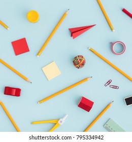 School Background With Sticky Note, Pen, Ruller Paper Clip, Paper Plane Etc. Flat Lay.