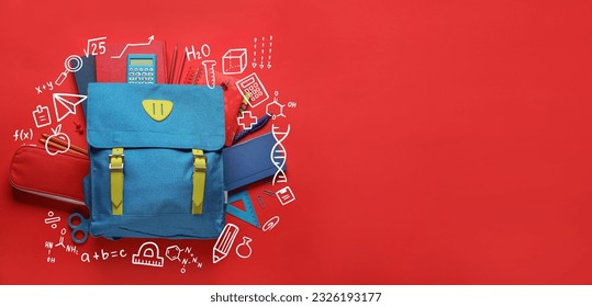 School backpack with stationery on red background with space for text, top view - Powered by Shutterstock - Get 15% off with code: PIKWIZARD15