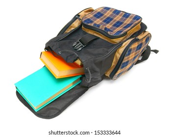 School Bag And Books Inside. On A White Background.