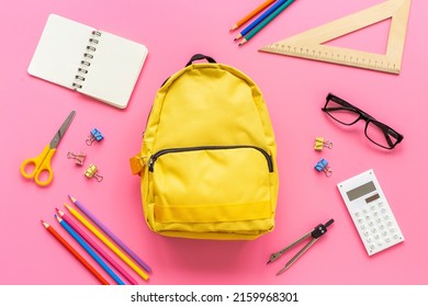 School Bag With With Colorful School Items, Top View