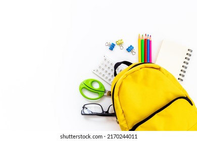 School Bag With With Colorful School Items, Top View