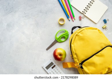 School Bag With With Colorful School Items, Top View