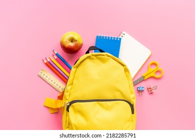 School Bag With With Colorful School Items, Top View