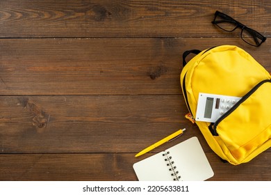 School Bag With With Colorful School Items, Top View