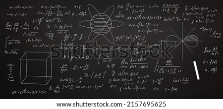 school blackboard with hand written formulas, graphs and draws diagrams, the concept of study, school, education, exams, tests, physics concept