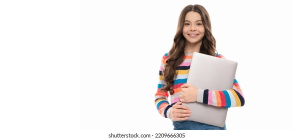 school blogger hold computer. kid ready for lesson isolated on white. School girl portrait with laptop, horizontal poster. Banner header with copy space. - Shutterstock ID 2209666305