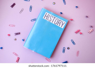 School Book. History With Supplies Stationery On Color Background, Back To School, Ruler, Pencils