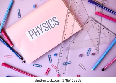 School Book. Physics With Supplies Stationery On Color Background, Back To School, Ruler, Pencils