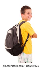 School Boy With Backpack, Isolated On White