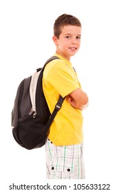 School Boy With Backpack, Isolated On White