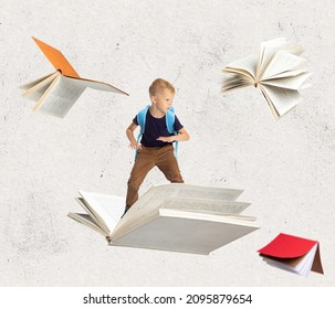 School boy. Contemporray art collage of little boy, child surfing on a book isolated over light textured background. Concept of education, childhood, book reading, discovery, artwork and ad - Powered by Shutterstock