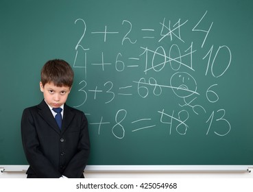 School Boy Decides Examples Math Incorrect On Chalkboard Background, Education Concept