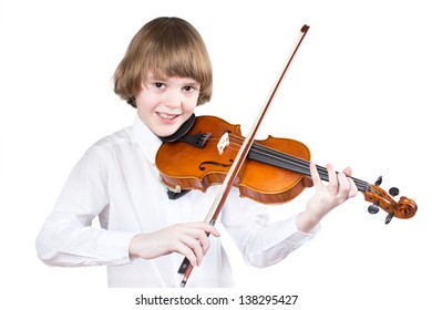 School Boy Playing Violin, Isolated On White