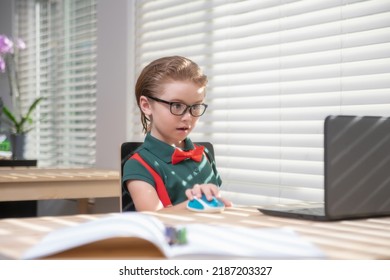 School Boy Pupil Is Studying Online. Home Schooling. Kids Distance Learning. Cute Child Using Laptop. Education, Online Study, Home Studying, Homework, Schoolboy Concept.