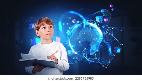 School boy taking notes in notebook, looking up at earth sphere hud, web lines hologram and diverse big data icons. Concept of blockchain, machine learning and information fields