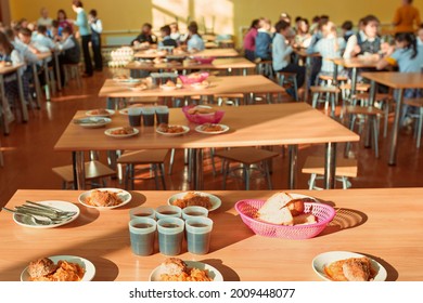 School Breakfast In A Russian School. Background Blurry Image.