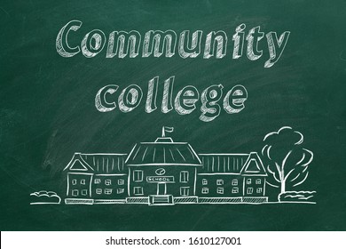 School Building  And Lettering Community College On Blackboard. Hand Drawn Sketch.