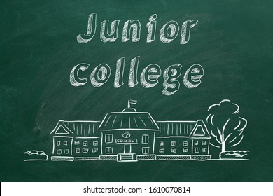 School Building  And Lettering Junior College On Blackboard. Hand Drawn Sketch.