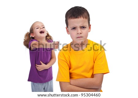 School bully and mockery concept with laughing girl and upset boy