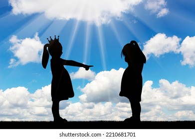 School Bullying. Girl Points Finger At Another Crying Girl. Concept Of Bullying Among Children And At School. Silhouette