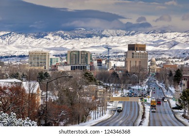 School Bus Drives Down Capital Boulevard Boise Idaho Winter