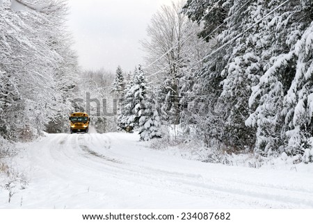 A school bus drives down a snow covered rural country road lined with snow covered trees after a snow storm during the winter season. 