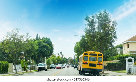 School Bus In A Los Angeles Neighborhood, California