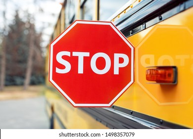 School Bus Outdoors Close Stop Sign-up